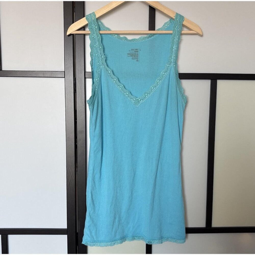 Old Navy Women Lace Trim Tank Top Size XL Blue V Neck‎ Ribbed Stretch Y2K